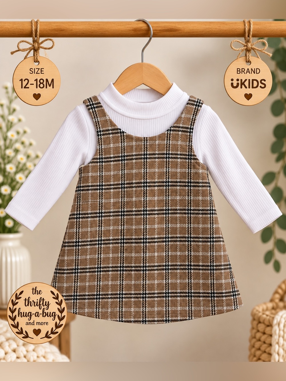 ÜKIDS Toddler Plaid Pinafore Dress & White Top 12-18M